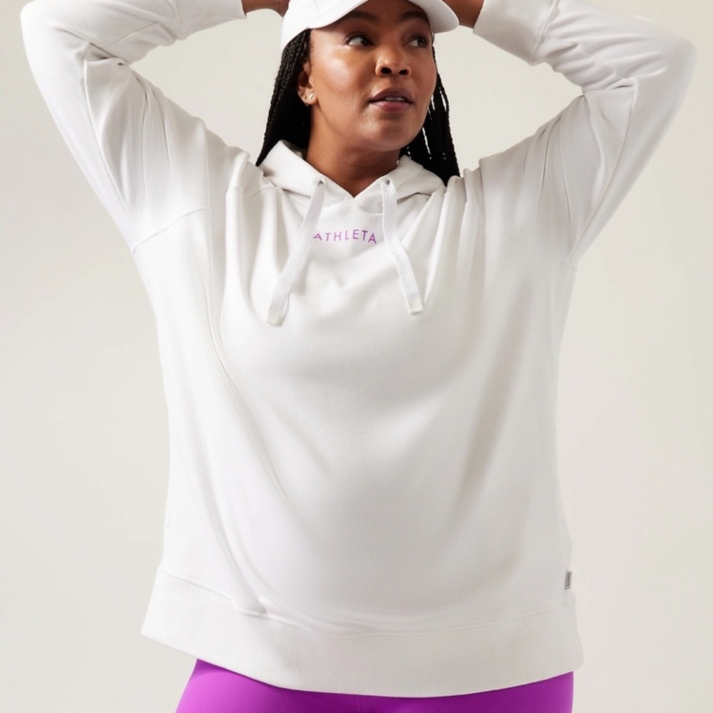 EUC. Athleta Triumph Hoodie with Purple Athleta Logo. White. Large